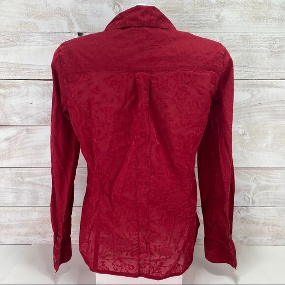 J. JILL Crimson Red Velvet Textured Flocked Floral Button Up Blouse‎ Top Size XS - Picture 2 of 8